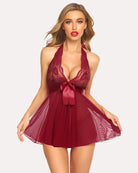 Burgundy lace halter babydoll with ribbon bow, sheer pleated skirt, lace garters
