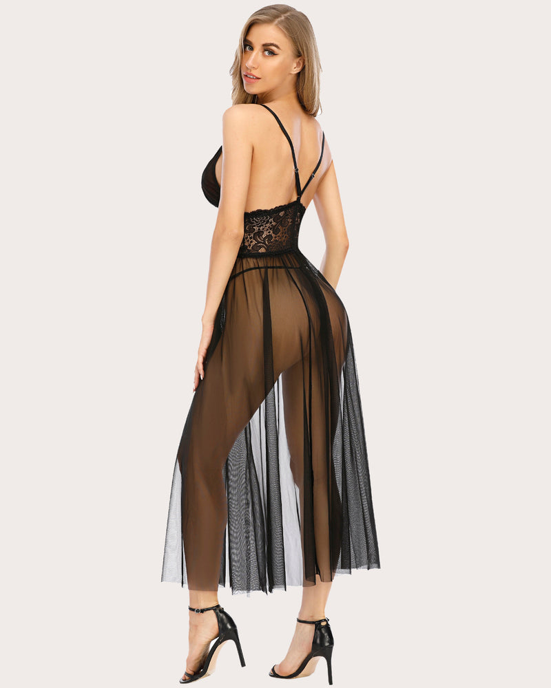 Black lace V-neck sheer nightdress with lace bodice and flowing tulle skirt