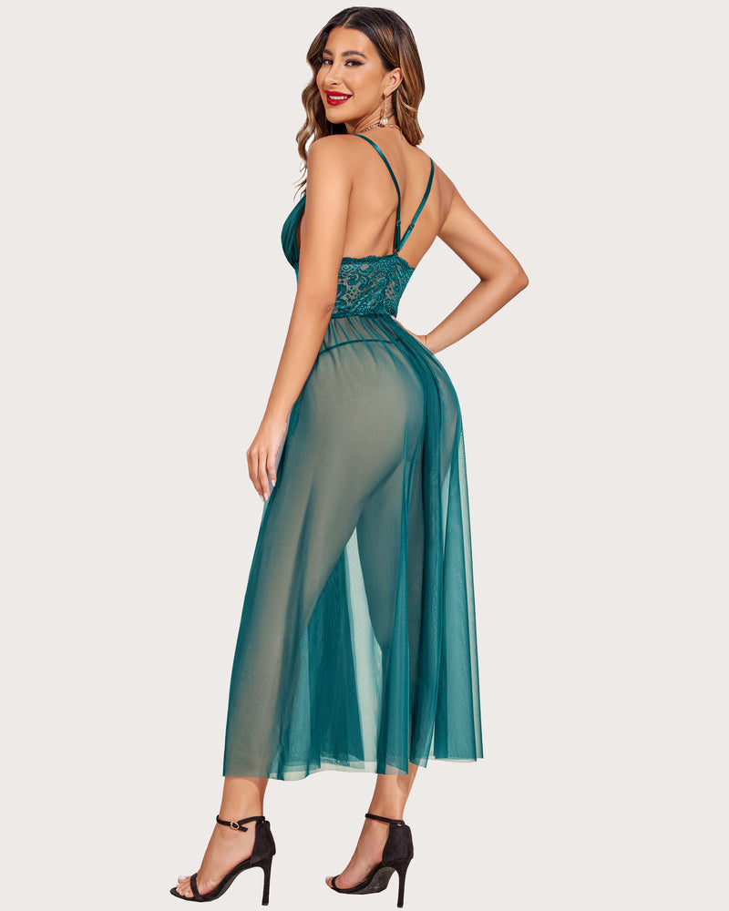 Teal lace V-neck sheer nightdress with lace bodice and draped mesh maxi skirt