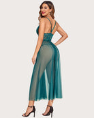 Teal lace V-neck sheer nightdress with lace bodice and draped mesh maxi skirt