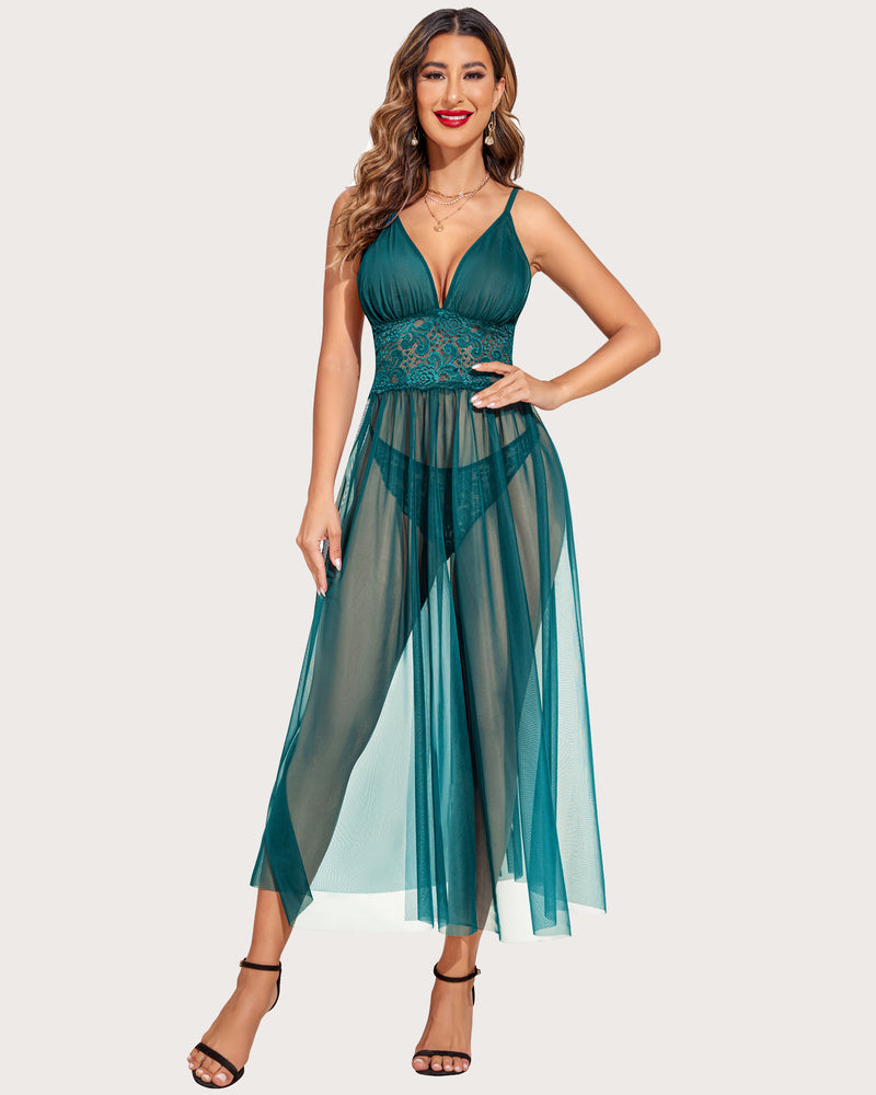 Teal lace V-neck sheer nightdress with lace trim waist and layered tulle skirt