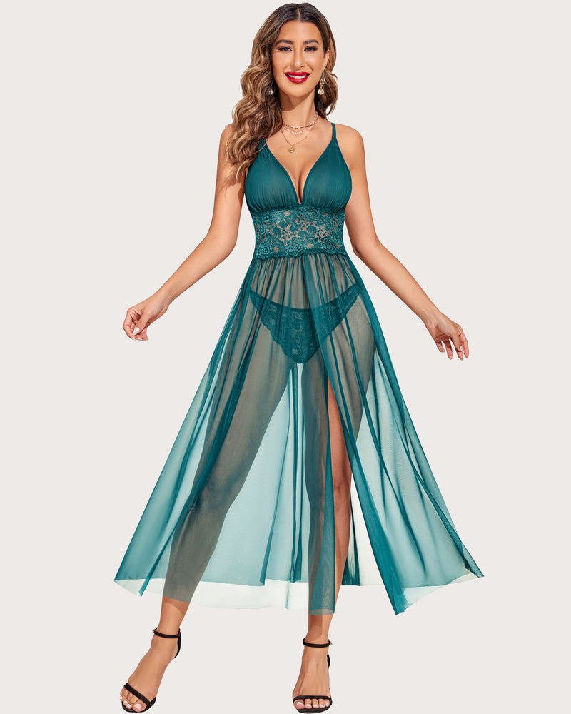 Teal lace V-neck sheer nightdress with patterned bodice and flowy mesh skirt