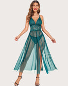 Teal lace V-neck sheer nightdress with patterned bodice and flowy mesh skirt
