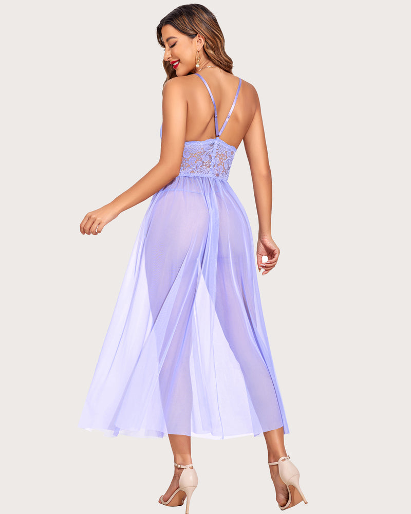Lace V-neck mesh sheer nightdress, light purple, open-back style with spaghetti straps