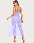 Lace V-neck mesh sheer nightdress, light purple, open-back style with spaghetti straps