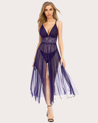 Purple lace babydoll nightwear with halter straps, V-neck, sheer tulle skirt