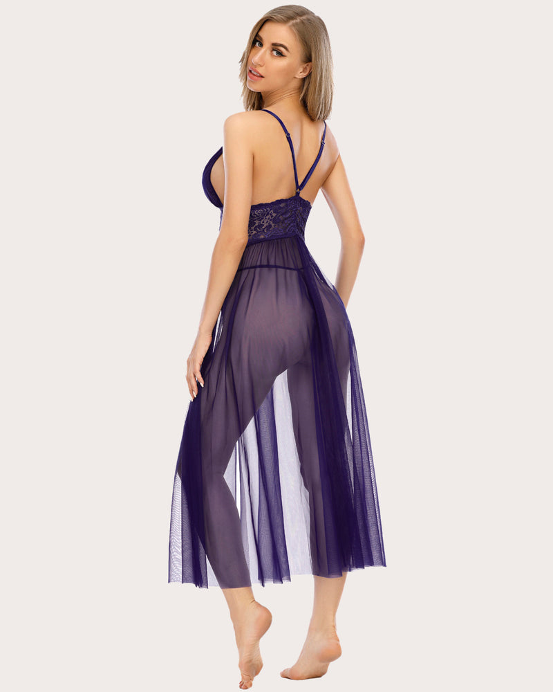 Lace V-neck mesh sheer nightdress, deep purple, side view with open back and lace bodice
