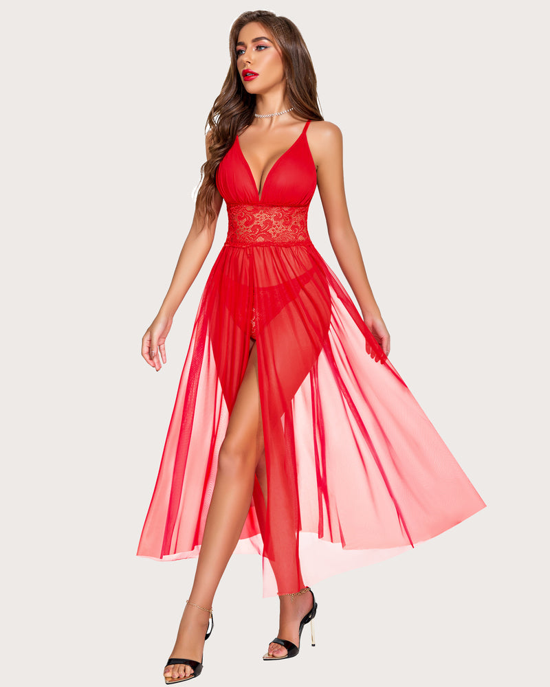 Lace V-neck mesh sheer nightdress, red, plunging front with lace panel and tulle skirt