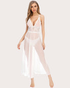 Lace V-neck mesh sheer nightdress, white, front view with lace bodice and long flowing skirt