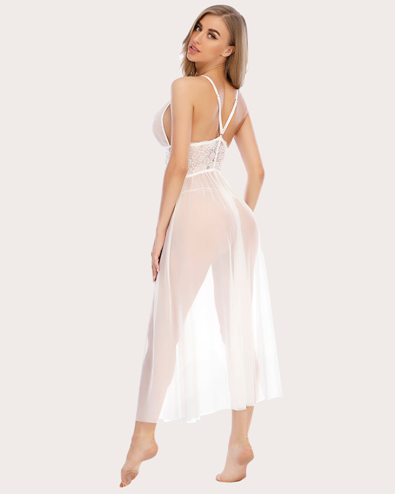 Lace V-neck mesh sheer nightdress, white, back view with lace bodice and flowing skirt