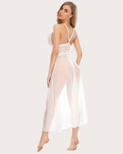 White lace babydoll nightwear with halter straps, V-neck, sheer mesh skirt