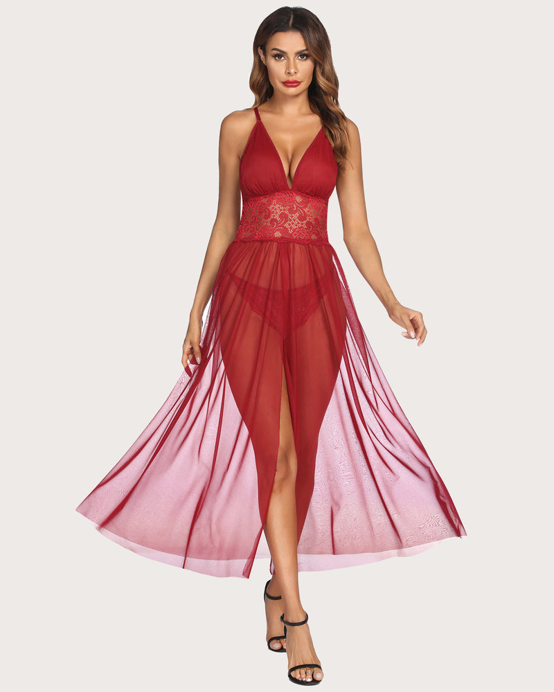 Lace babydoll nightwear with V-neck halter, lace bodice, sheer mesh skirt with slit