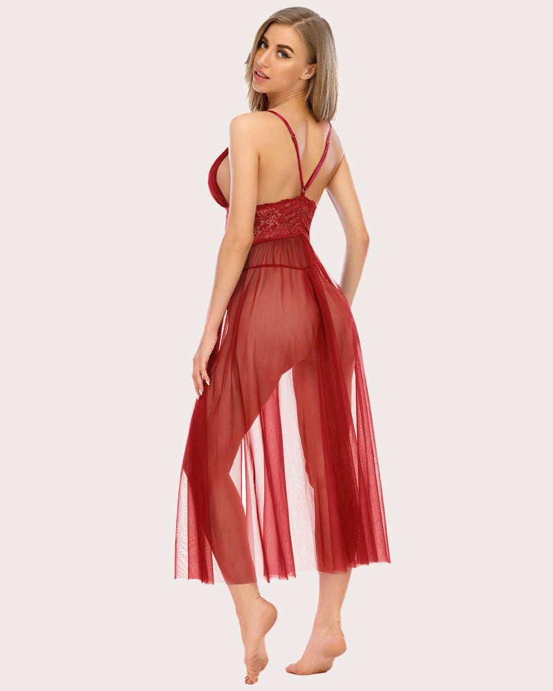 Sheer lace V-back nightdress in red with lace bodice and long flared skirt