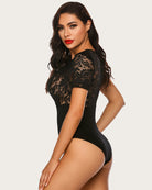 Black lace deep V snap crotch bodysuit with short sleeves and cheeky coverage