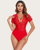 Red lace deep V snap crotch bodysuit with short sleeves
