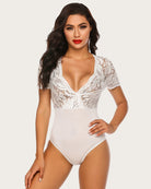 White lace deep V snap crotch bodysuit, short sleeves, lace front