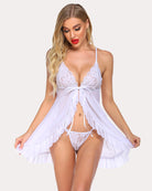 White lace V-neck babydoll nightwear with tie front and lace bikini bottom