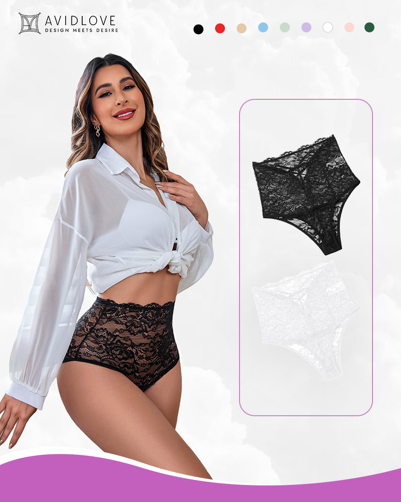 Invisible lace full-coverage panties in black, floral lace with scalloped leg edges.