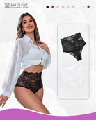 Invisible lace full-coverage panties in black, floral lace with scalloped leg edges.