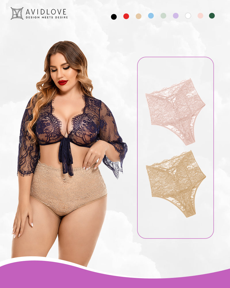 Invisible lace full-coverage panties in beige with floral lace texture and scalloped trim.