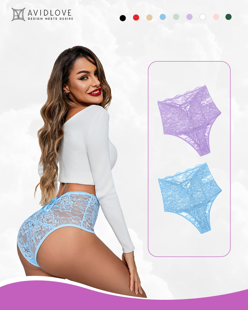 Invisible lace full-coverage panties in light blue with floral lace texture and scalloped edges.