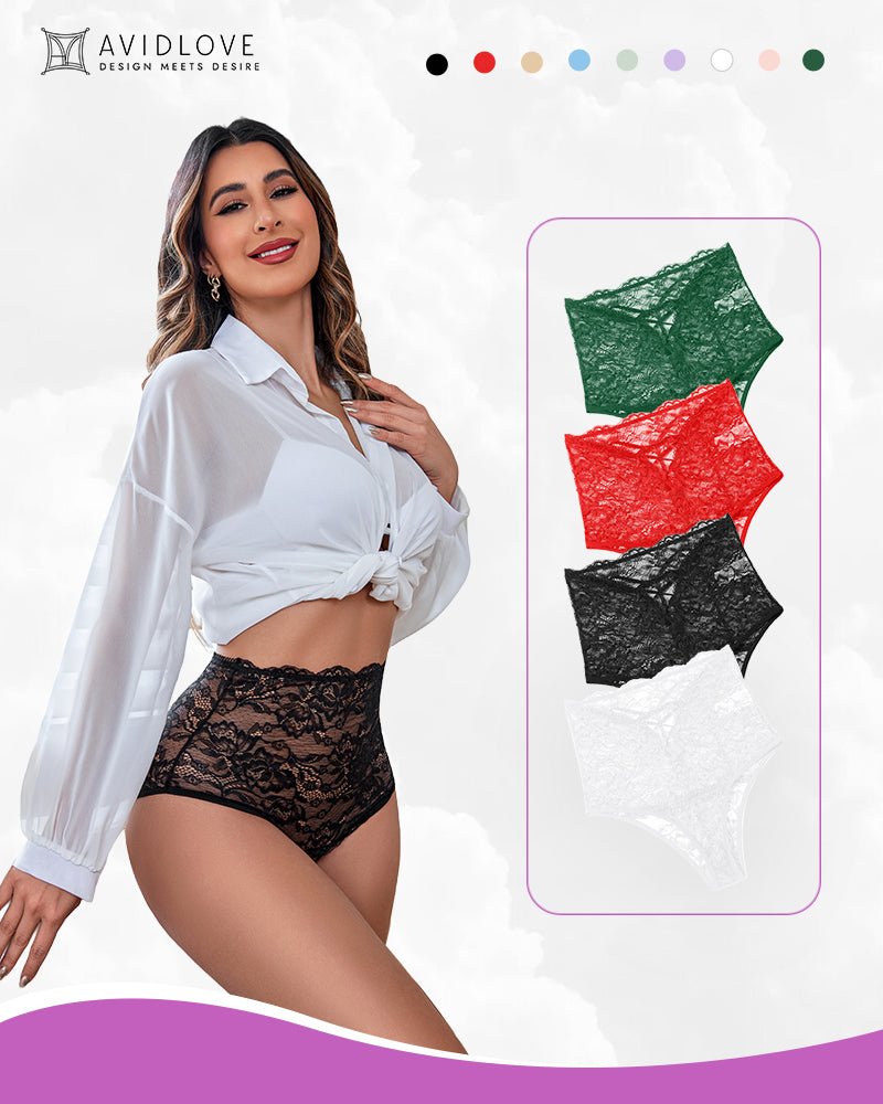 Invisible lace full-coverage panties, black with floral lace pattern and scalloped leg edges.