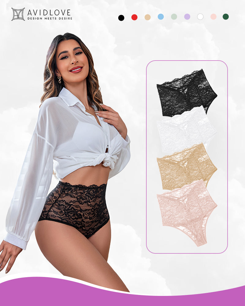 Invisible lace full-coverage panties, black lace with floral detailing and scalloped trim.