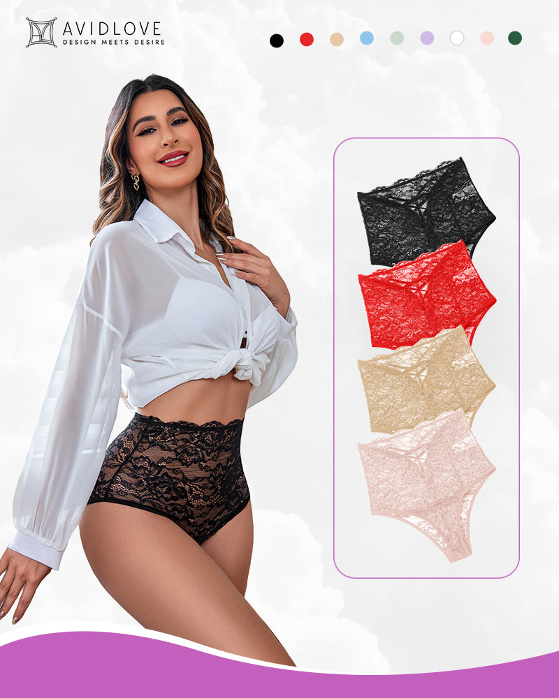 Invisible lace full-coverage panties in black floral lace with scalloped leg openings.