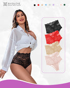 Invisible lace full-coverage panties in black floral lace with scalloped leg openings.