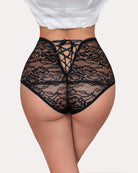 Black lace hipster panties with crisscross tie detail at the waistband.