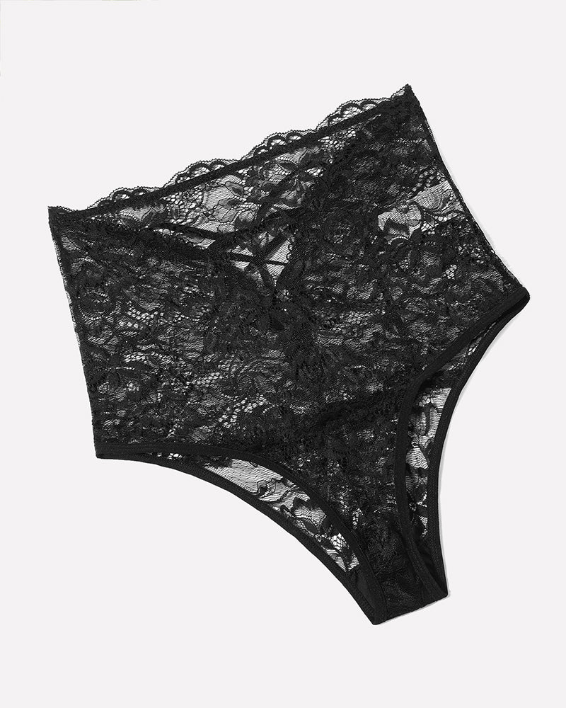 Black lace hipster panties with scalloped edges and crisscross tie strap detail.
