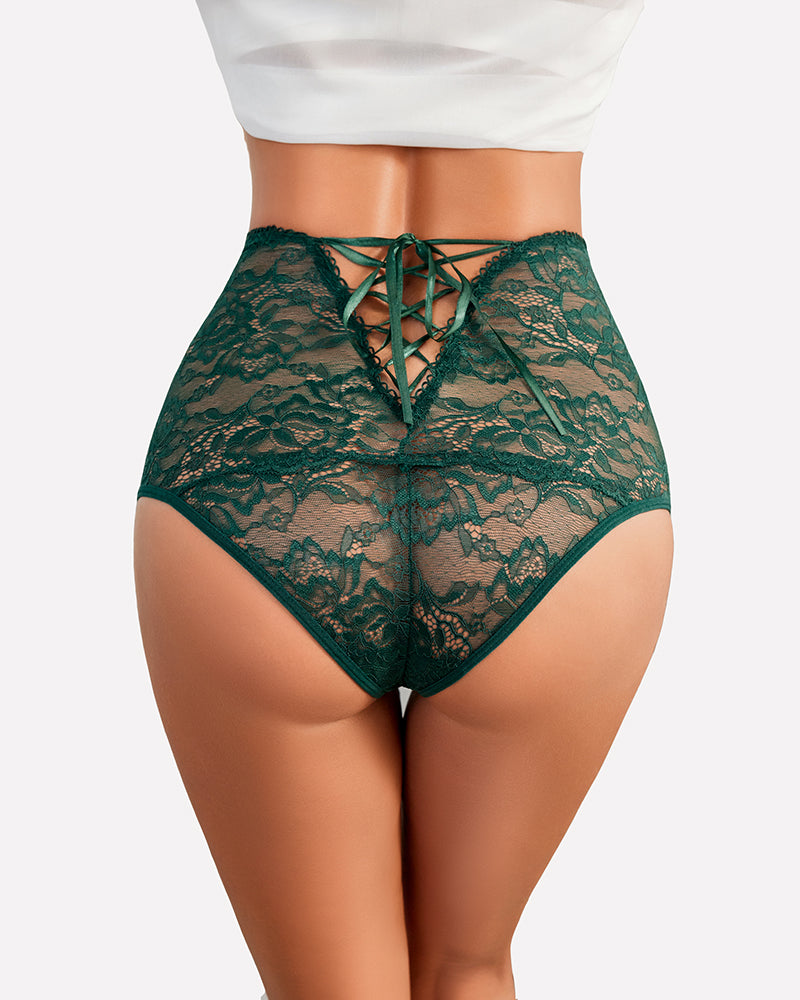 Dark green lace hipster panties with crisscross front tie