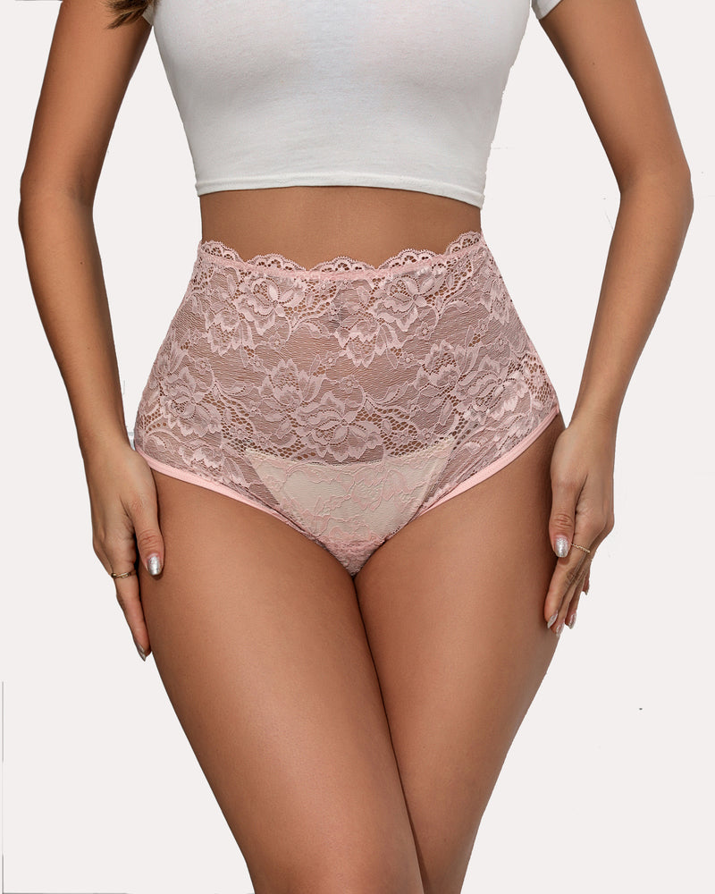 Invisible lace full coverage panties, light pink sheer lace with scalloped edges