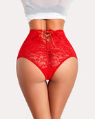 Red lace hipster panties with crisscross tie detail at the center back.