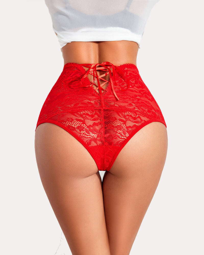 Red lace hipster panties with crisscross tie detail at the center back.