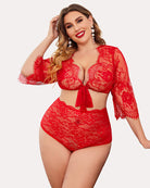 Red lace hipster panties with front bow and scalloped edges