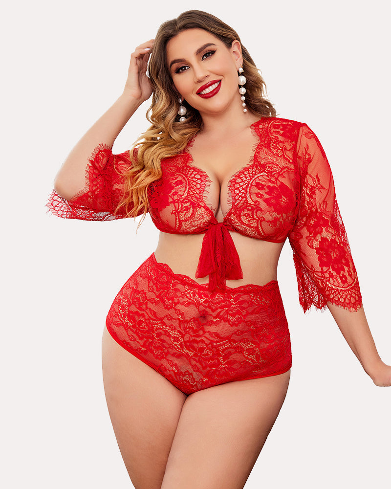 Red lace hipster panties with front bow and scalloped edges