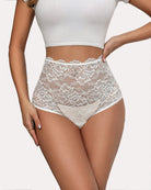 White lace hipster panties with scalloped trim and sheer mesh front panel.