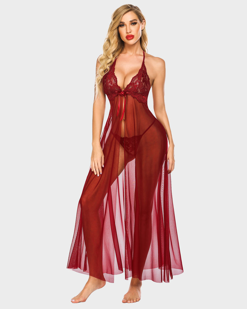 Wine red sheer lace high-slit maxi gown with lace triangle bust and flowing tulle