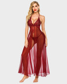 Wine red lace high split long babydoll gown with tie-front bodice and sheer skirt overlay