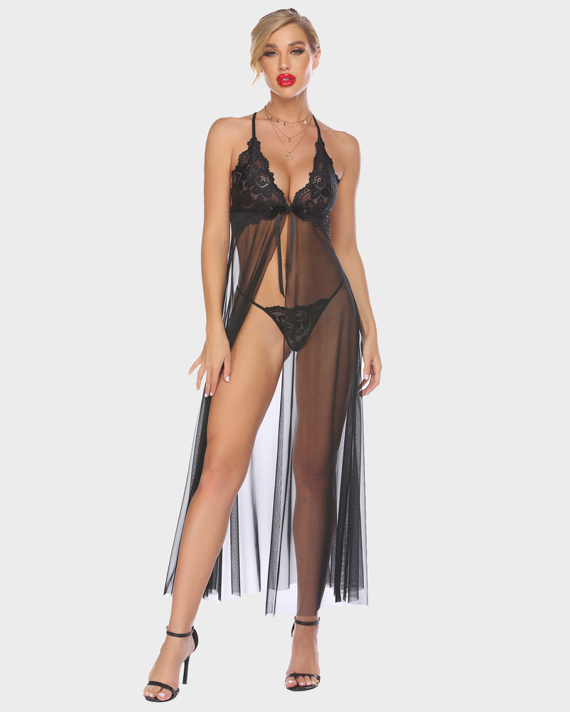 Black sheer lace high-slit maxi gown with lace bodice and flowing tulle hem