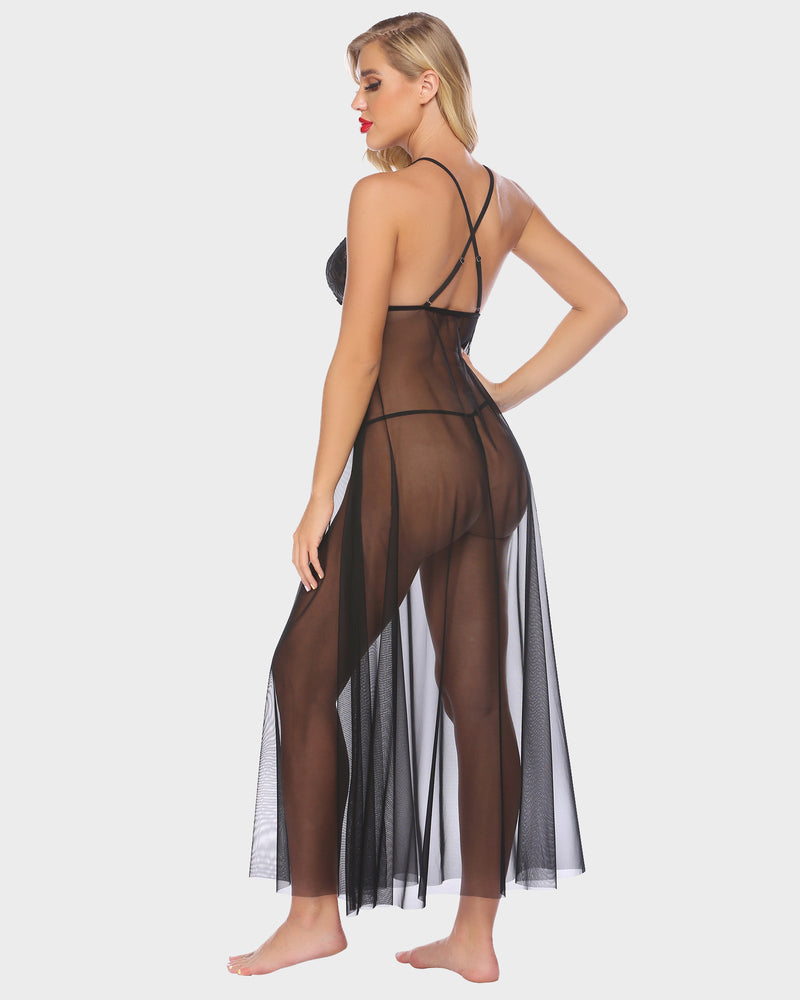 Black sheer lace high-slit maxi gown back view with crisscross straps and draped tulle