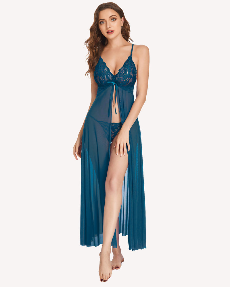 Peacock blue lace-trim high split long babydoll gown with tie-front bodice and sheer skirt