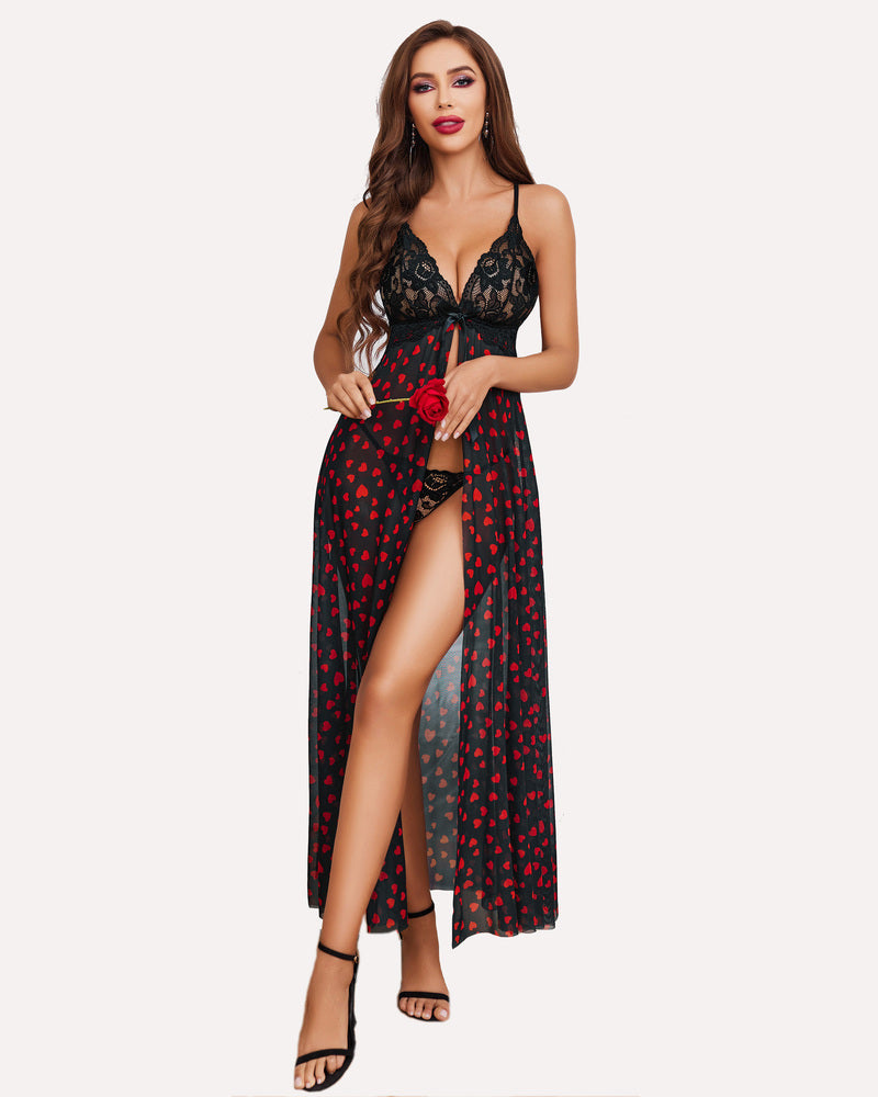 Heart-print high-split long lingerie gown with lace bodice and thin straps, dark red/black.