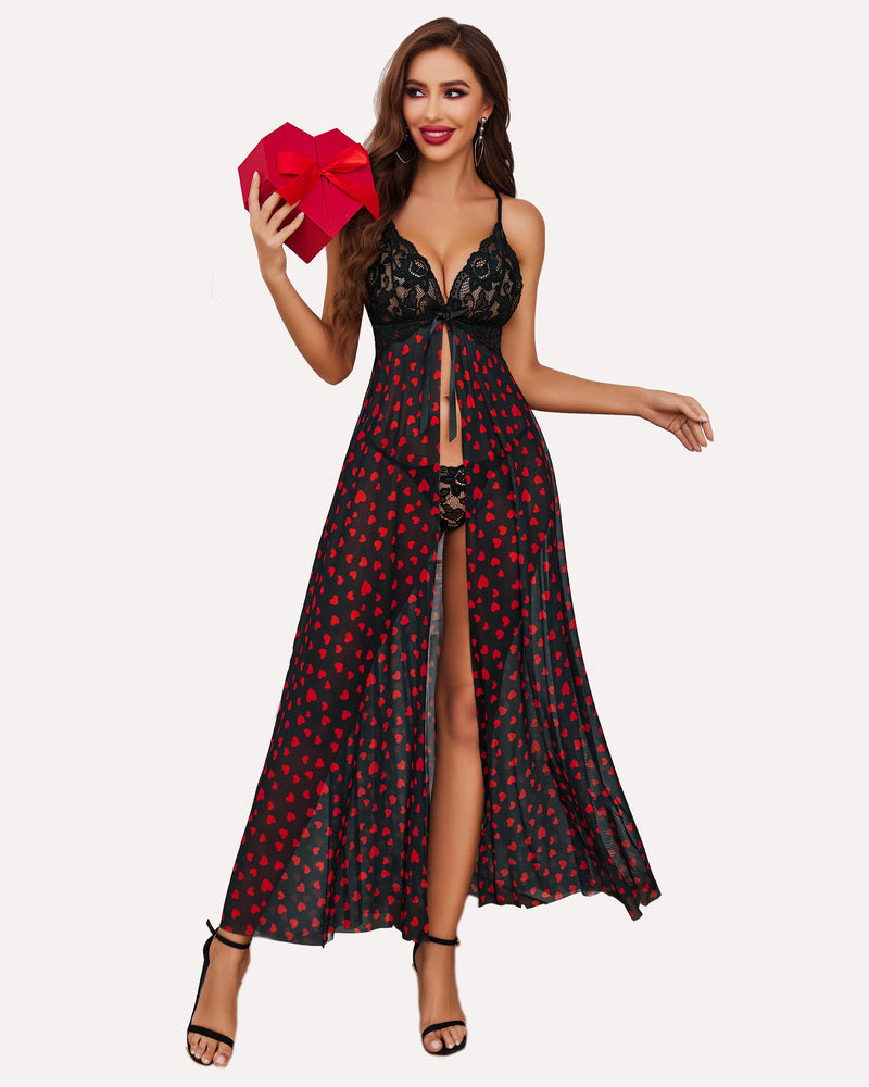 Heart-print high-split long lingerie gown with lace bodice, bow-tie front, dark red/black.