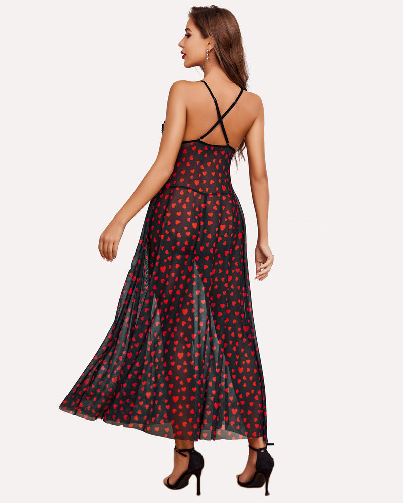 Heart-print high-split long lingerie gown, low back with crisscross straps and lace detail.