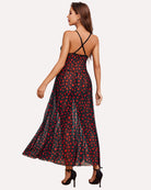 Heart-print high-split long lingerie gown, low back with crisscross straps and lace detail.
