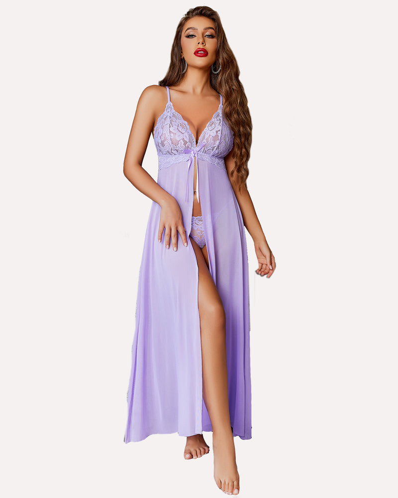 High-split long lingerie gown in lilac, lace bodice with tie front and sheer skirt