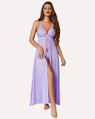High-split long lingerie gown in lilac, lace bodice with tie front and sheer skirt