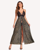 Leopard print high-split long gown with lace V-neck and spaghetti straps